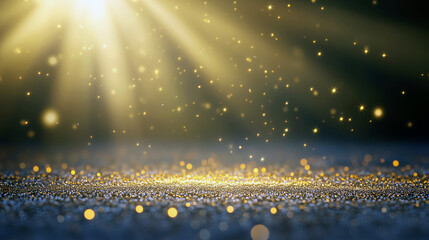 Bright light shines on a pile of glitter. The glitter is scattered all over the ground. The light is coming from the top left corner of the image