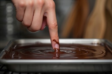 Hand dipping finger into rich chocolate glaze during quiet indulgent kitchen moment