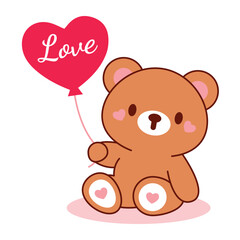 Fototapeta premium Cute Teddy Bear Holding Love Balloon Valentine Illustration
