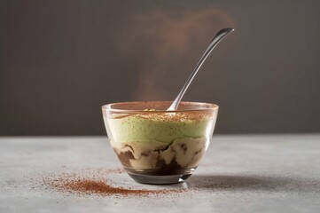 Modern pistachio tiramisu cup pierced by spoon with floating cocoa dust