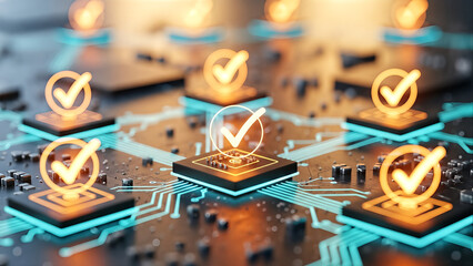 Blockchain Network Consensus Glowing Checkmarks on Digital Circuit Board for Security and Validation Concept