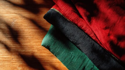 Sunlit textured fabrics on wooden surface