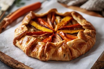 Modern rustic vegetable galette highlighting folded crust and roasted golden filling