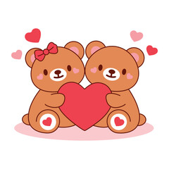 Fototapeta premium Teddy Bear Couple with Heart Valentine Illustration
