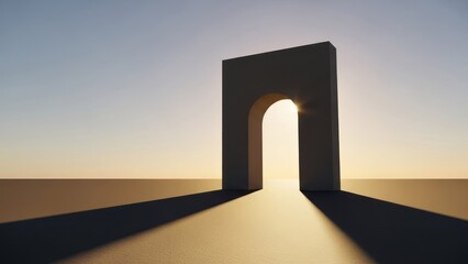 A large, black, geometrically shaped arch with a sun shining through it, casting a shadow on the ground.