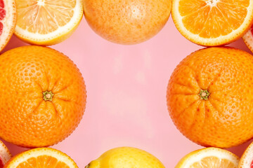 Citrus Fruit Frame with Juicy Halves on Pink Background by generative AI technology