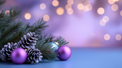 Blue and purple Christmas ornament is on a blue background. There are three ornaments in total