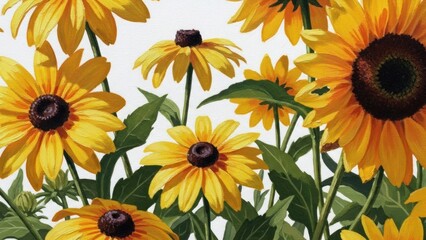 A vibrant painting of a sunflower field with yellow flowers and green leaves against a white background.
