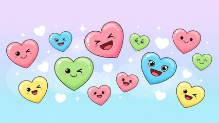 A colorful, whimsical illustration of various heart shapes with smiling faces, set against a gradient background with white hearts.