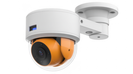 White and orange security camera isolated on a transparent background