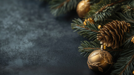 Christmas tree with gold ornaments and pine cones. The tree is on a black background