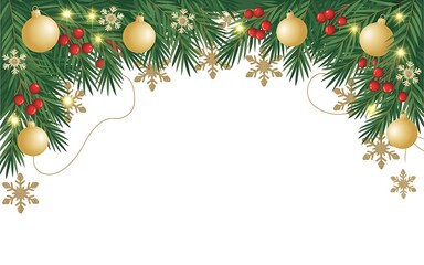 Festive christmas garland arch with golden ornaments and snowflakes