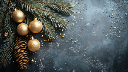 Christmas tree with gold ornaments and pine cones. The pine cones are on the left side of the tree