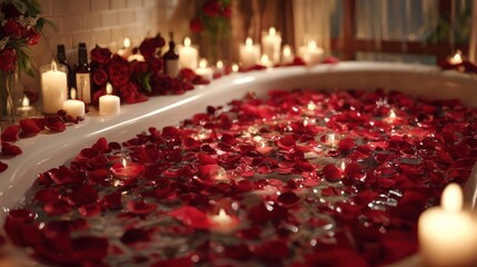 A bathtub filled with red rose petals and floating candles, romantic and luxurious setting, 8k, realistic, full ultra HD, high resolution, cinematic photography