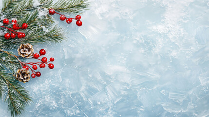 Blue background ice with a red and white Christmas tree. The tree has berries and pine cones