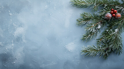 Blue ice background with snow on it and a pine tree with berries on it. The berries are white and red