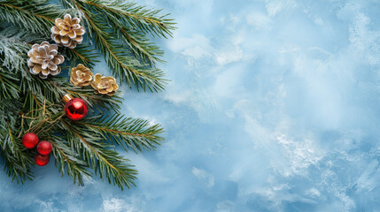 Christmas tree with pine needles and red berries. The background is blue ice
