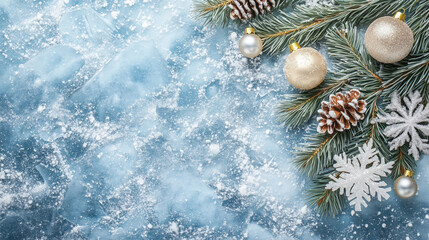 Blue ice background with snow and pine trees. The background is blue ice