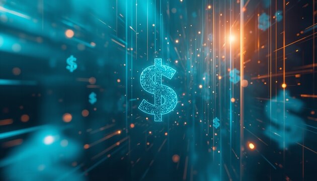 A futuristic digital illustration of a glowing dollar sign surrounded by vibrant blue and orange lights and symbols.
