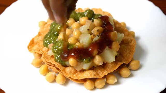 Assembling Delicious Indian Street Food Papri Chaat Snack