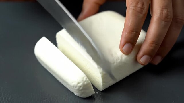 Slicing fresh Indian paneer cheese for cooking vegetarian curry