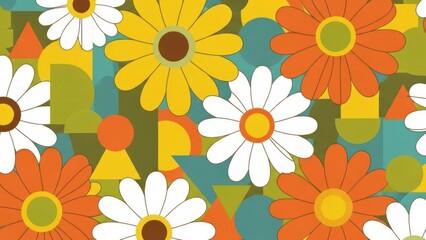 A vibrant, colorful, retro-style floral pattern with geometric shapes in shades of orange, yellow, and green on a blue background.