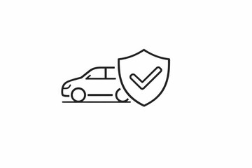 Line art illustration of a car protected by a shield with a checkmark: vehicle insurance.