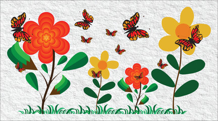 Red and yellow floral design with green leaves decorative nature illustration.