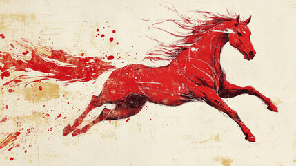 A dynamic, minimalist banner featuring a red horse created with energetic Chinese ink brushstrokes. Modern illustration.