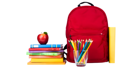 Back to school essentials A vibrant red backpack, colorful stacked books, a crisp apple, and an assortment of pencils, all arranged on a white background, ready for education