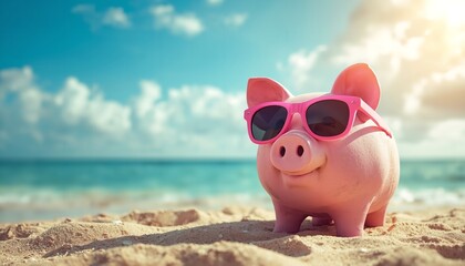 A pink piggy bank wearing sunglasses is sitting on a sandy beach with a beautiful ocean view.