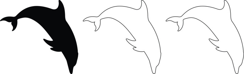 Obraz premium Vector illustration featuring a jumping dolphin in solid black silhouette and two outline versions, isolated on a transparent background, ideal for icons or branding.
