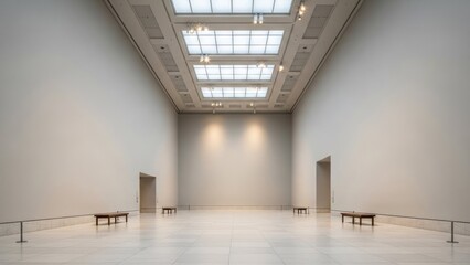 A spacious, empty gallery with white walls and a high ceiling.