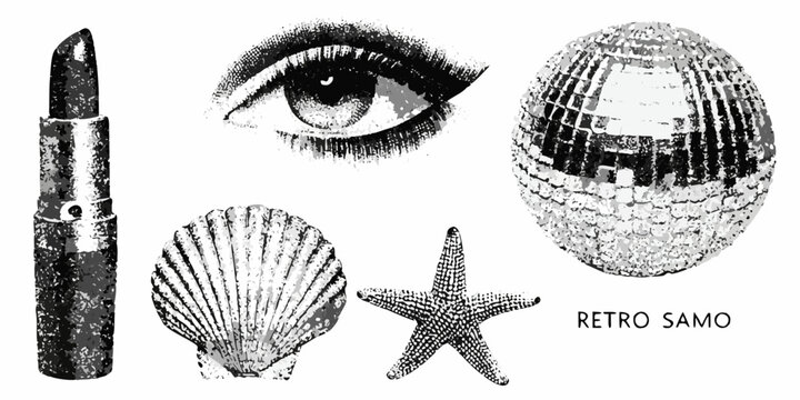 A collection of vintage illustrations lipstick eye disco ball seashell and starfish