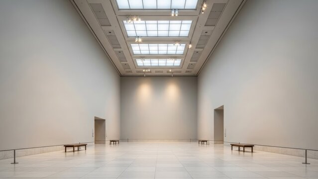 A spacious, empty gallery with white walls and a high ceiling.