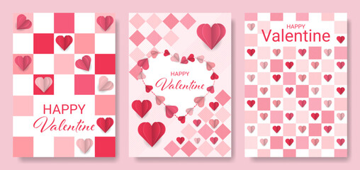 Valentine's day concept posters set. Vector illustration. 3d red and pink paper hearts with frame on geometric background.