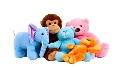 A delightful collection of fluffy plush toys including a playful monkey, a gentle elephant, a cuddly bear, and a vibrant orange stuffed animal, perfect for children's playtime and comfort