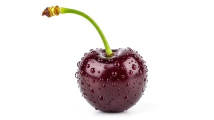 A single ripe cherry with water droplets on a white background.