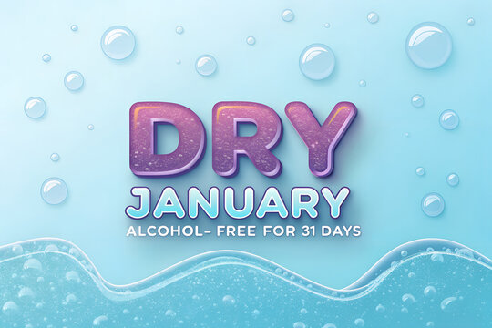 "Dry January" Graphic with Gradient Text and Water Droplets on Blue Background Promoting Alcohol-Free Wellness for 31 Days   generative ai - Powered by Adobe