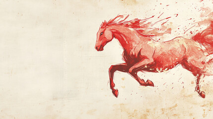 A dynamic, minimalist banner featuring a stylized red horse created with energetic Chinese ink brushstrokes.