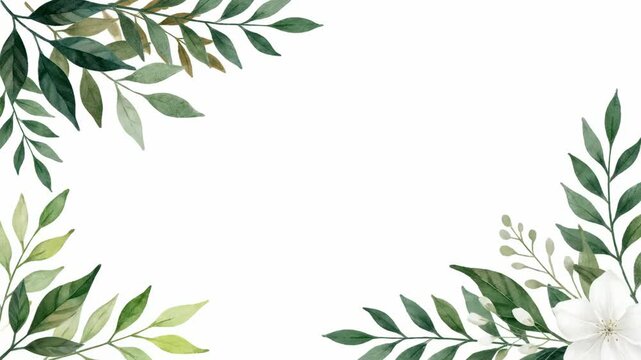 Watercolor botanical border with green foliage and white flower framing a blank background, concept for wedding invitations, eco-friendly branding and natural greeting cards