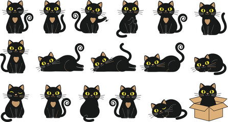 Black cat cartoon illustrations, cute feline poses, yellow eyes, heart patch, playful expressions, sitting, lying, peeking, winking, adorable style