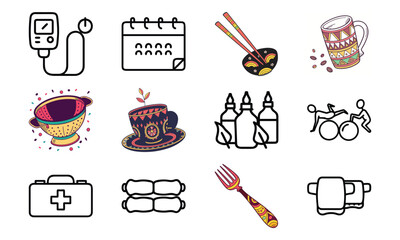 Versatile Lifestyle Icon Set Featuring Fitness Dumbbells, Blood Pressure Monitor, Calendar, Kitchen Utensils, Electric Kettle, First Aid Kit, and Decorative Tableware Collage