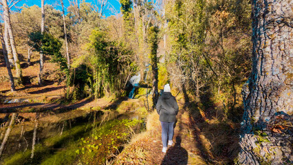 Fototapeta premium A person enjoys a peaceful walk along the bank of the Golmayo River in Fuentetoba, Soria, with the calm water reflecting the beautiful colors of the autumn forest on a sunny day.