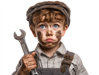 Boy dressed as a mechanic with toy wrench, oil spots on face, fun pose isolated on white background