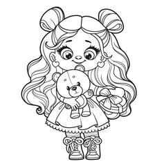 Cute cartoon girl with a soft plush bear and heart box of candies gifts on Valentines Day on white background