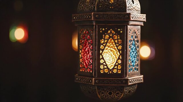 A beautifully illuminated Ramadan lantern, casting warm colorful light, perfect for festive decorations and spiritual ambiance