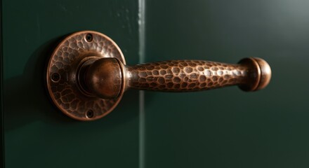 Close-up of a hammered copper door handle on a dark green door