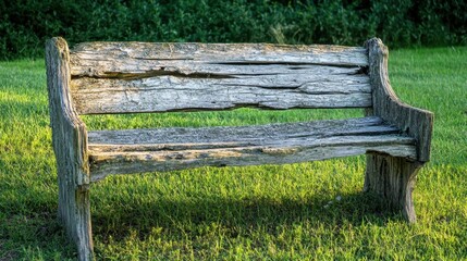 A weathered splintered wooden bench with cracked and sagging planks rests on green grass in soft sunlight