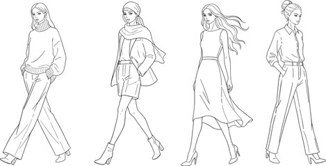 Fashion illustration, stylish outfits, modern clothing, trendy women, urban style, chic apparel, fashion sketch, contemporary look, elegant design, runway inspiration, casual wear